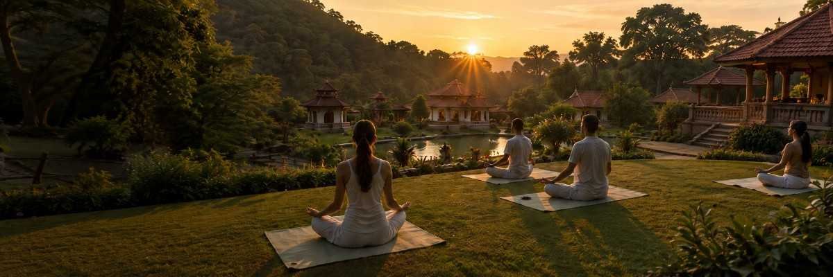 पंचतत्व आश्रम में प्रकृति के बीच योग और ध्यान करते साधक